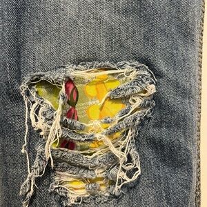 Upcycled American Eagle puakenkeni rose lei patched distressed denim overalls